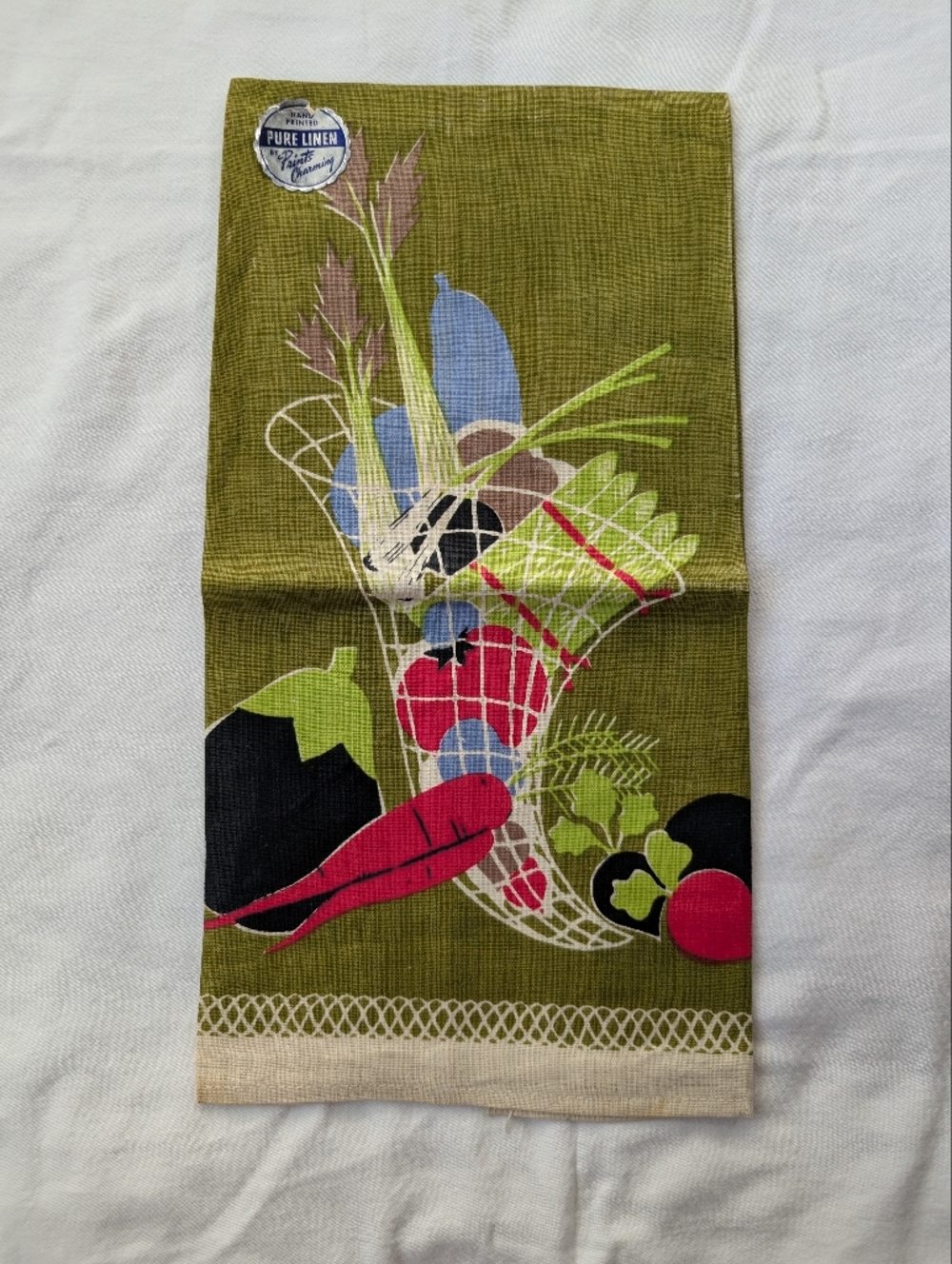 Vintage Prints Charming Vegetable Print Linen Dish Towel in Olive Green and Red